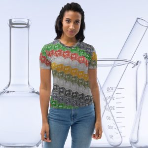 heavy metals periodic table t-shirt all-over print chemistry design on female model