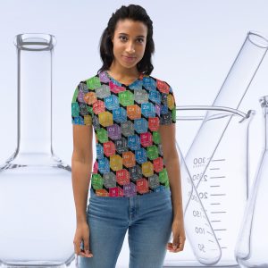 colourful periodic table t-shirt all-over print chemistry design on female model